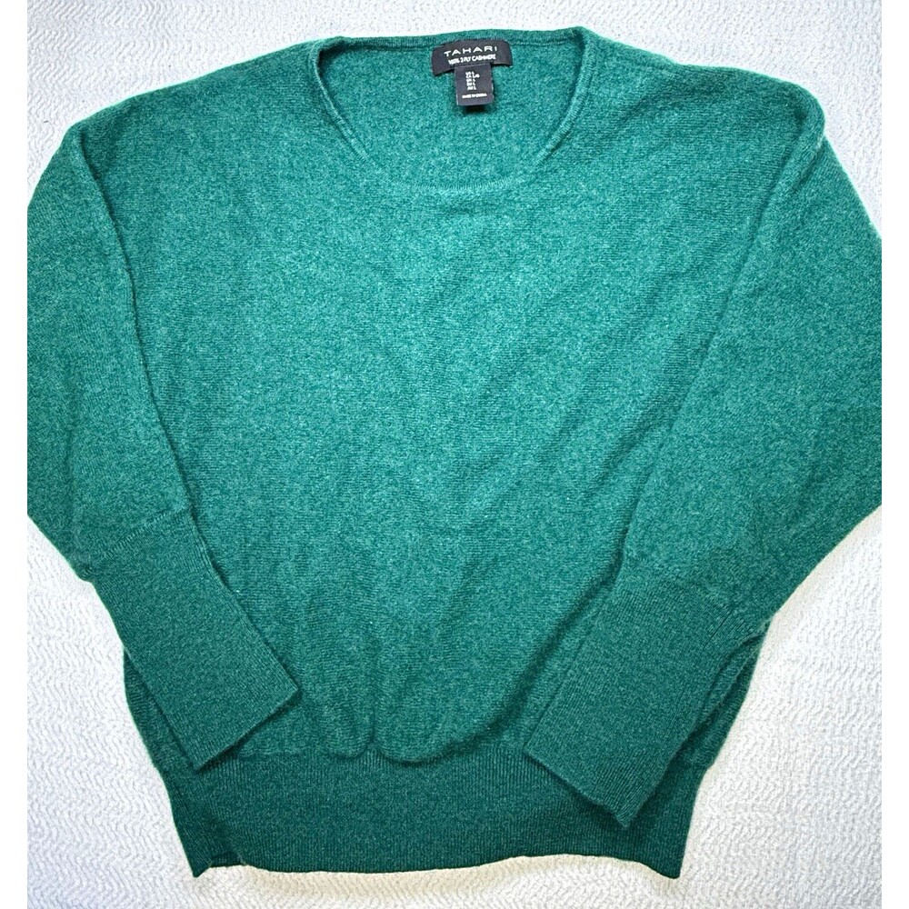 Tahari Crew Neck Knit Pullover Sweater Green Solid 100% Cashmere Long Sleeve L